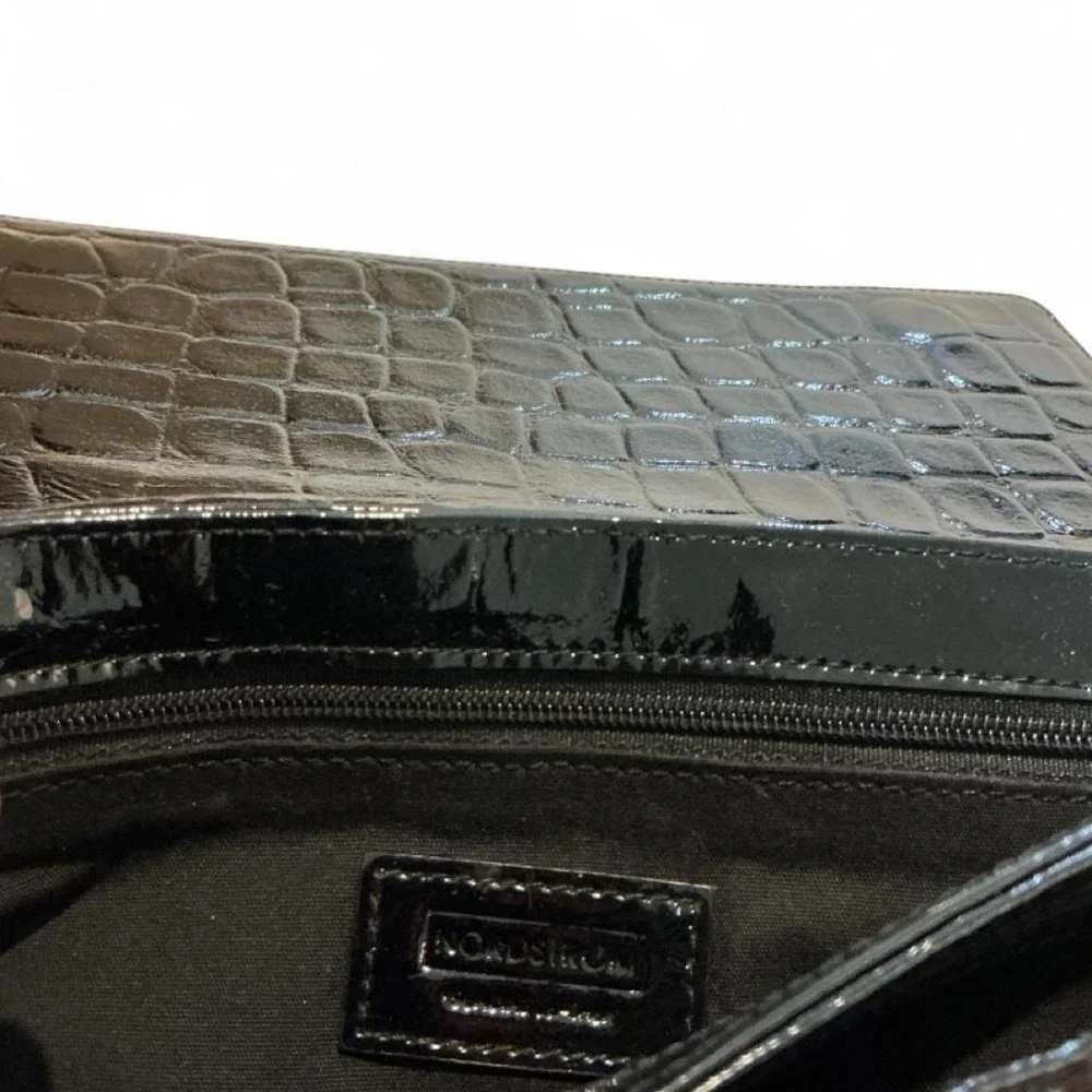 Nordstrom Wallet Women OS Black Excellent Croc Embossed Leather Patent Long